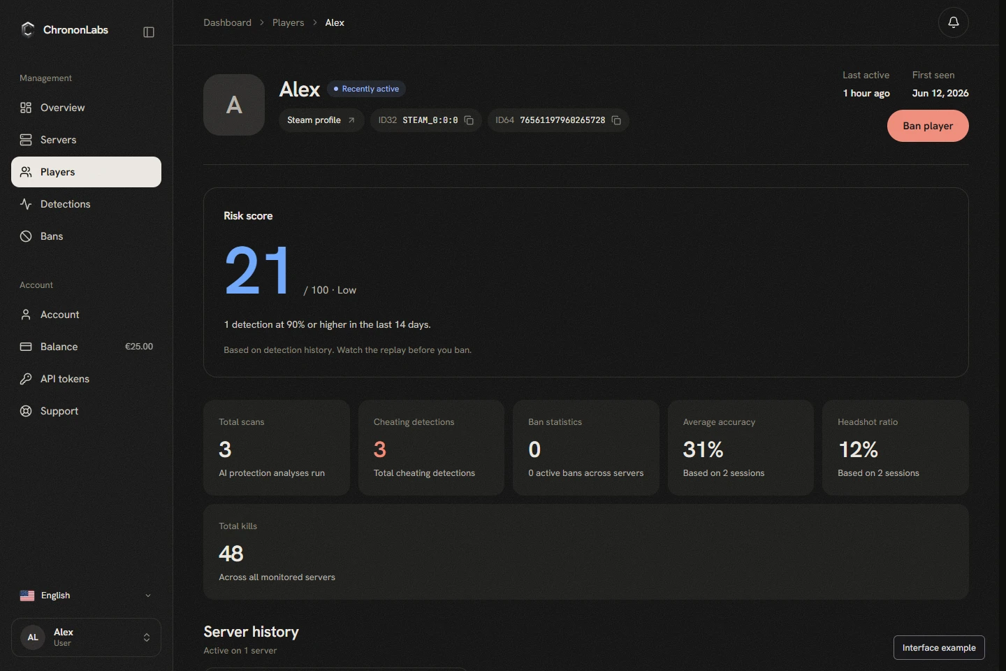 GMod player profile showing accuracy, risk score, and detection history