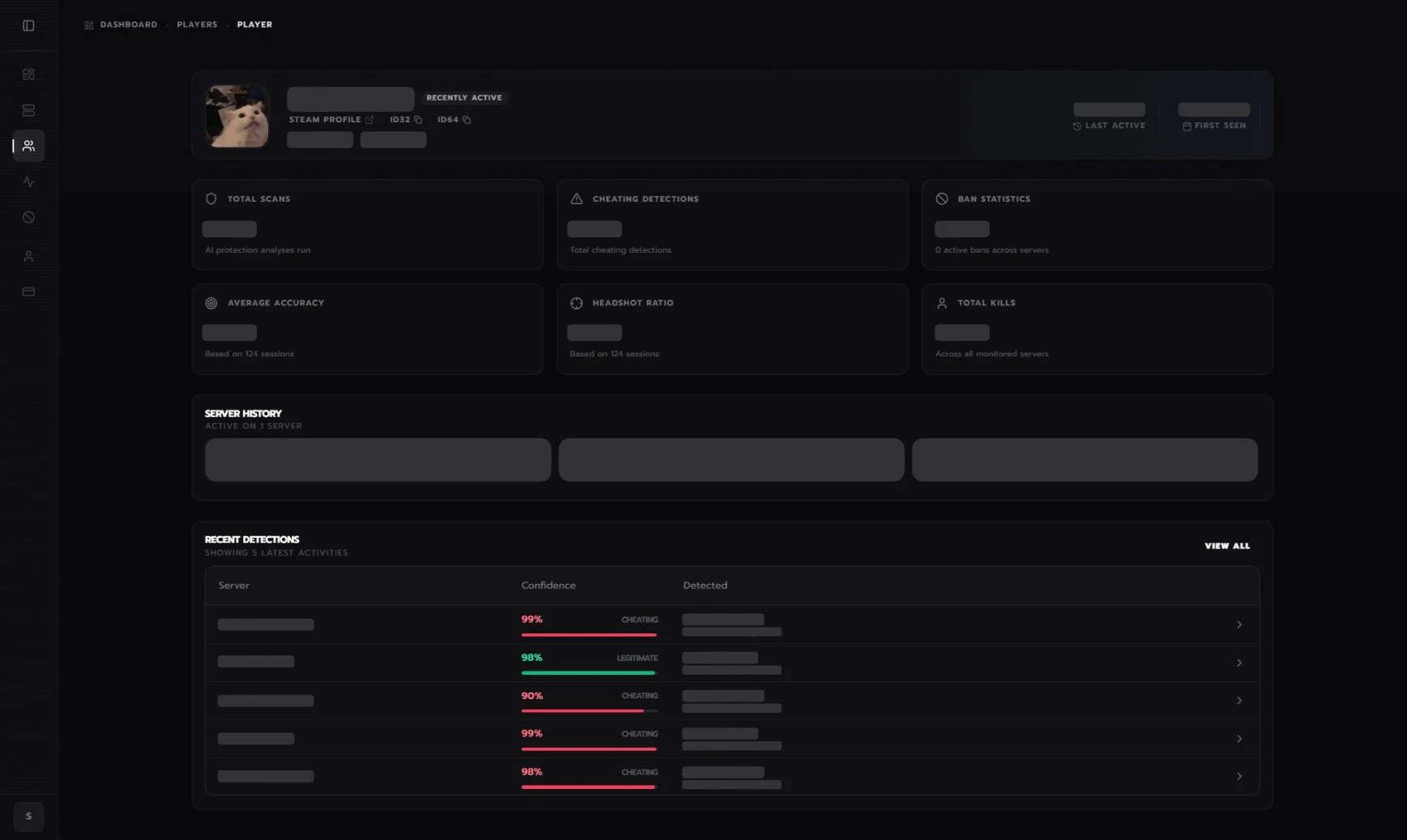Player profile dashboard showing stats, detections, and server history
